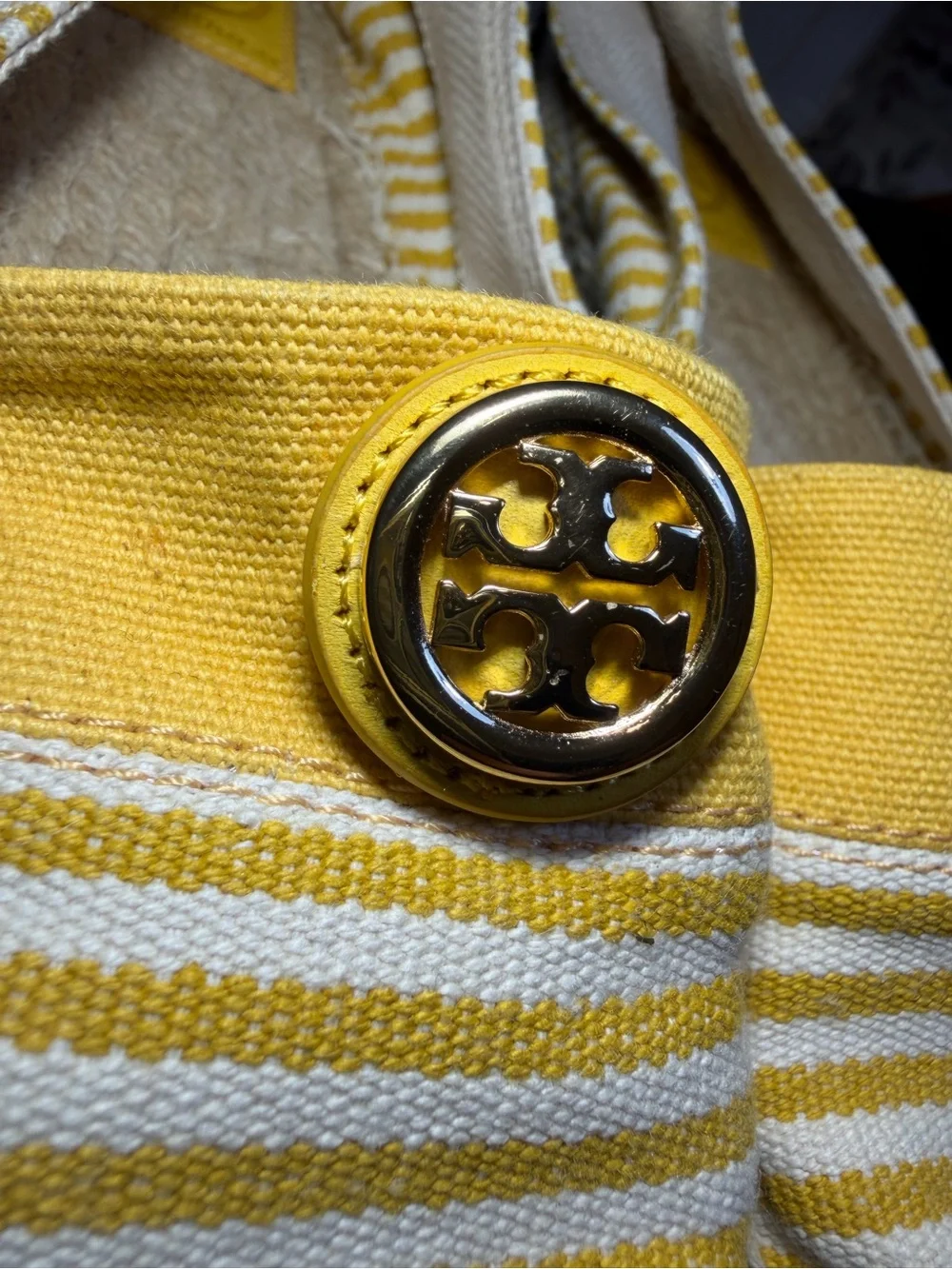 Tory Burch Yellow and White Striped Espadrille Flats with Gold Logo Sz 10 M